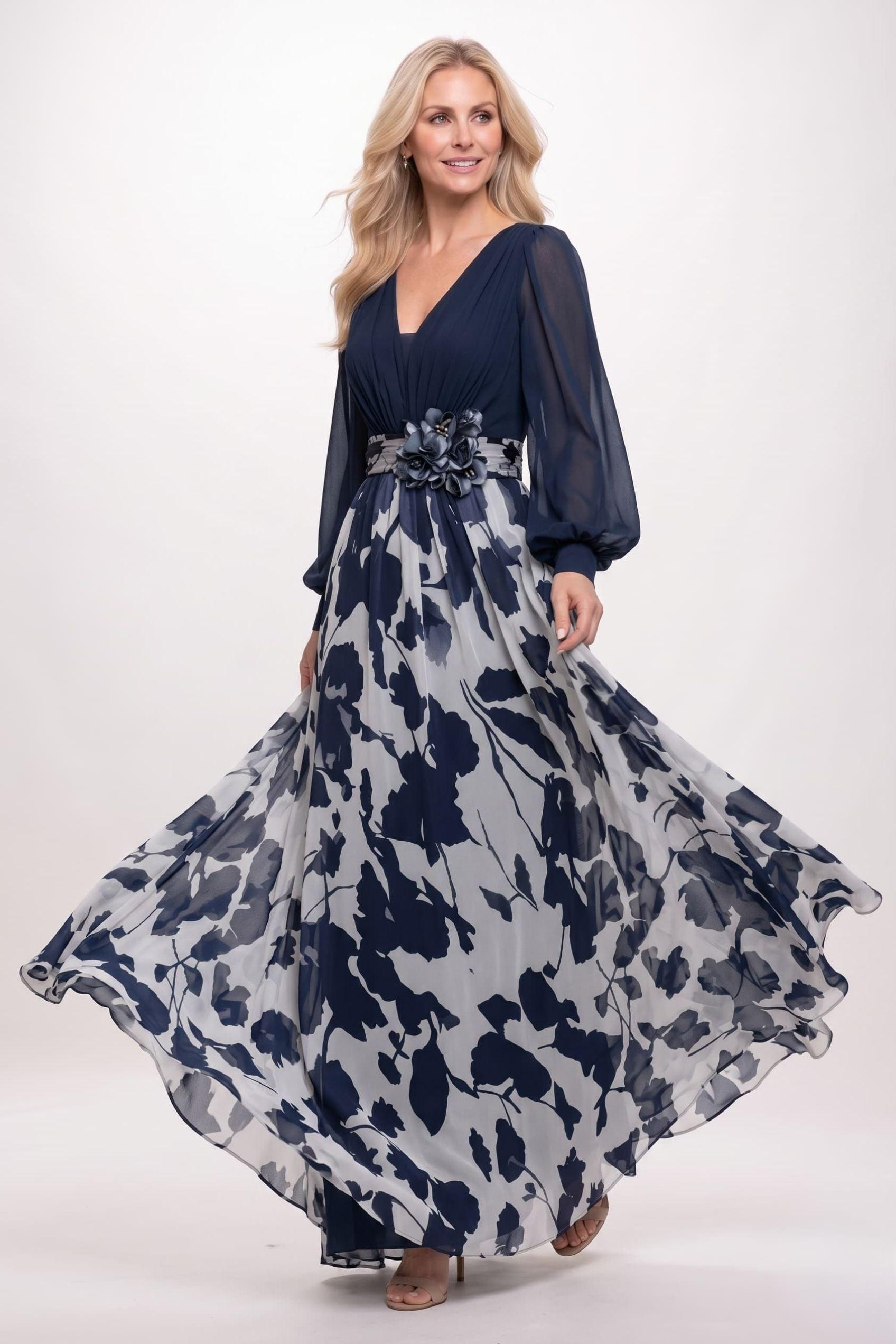 A-Line Maxi Printed Chiffon Mother of the Bride Dress CM0447 - Dark Navy - COCOMELODY